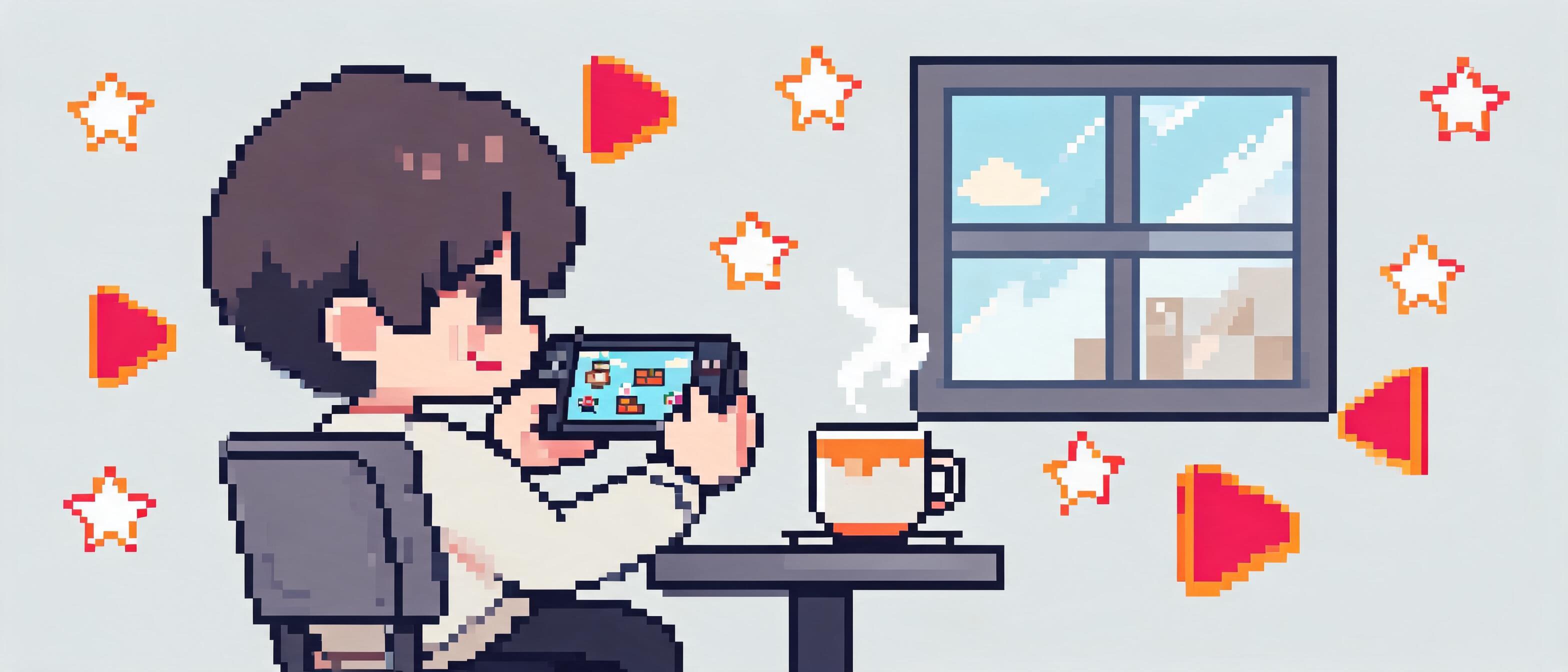 Pixel art scene of a player enjoying a browser game during a coffee break pause